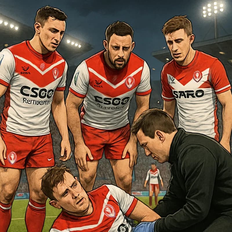 A tense moment during a football match at a packed stadium, with St Helens players in red and white jerseys showing concern for a downed teammate. The atmosphere is electric, with fans in the stands h