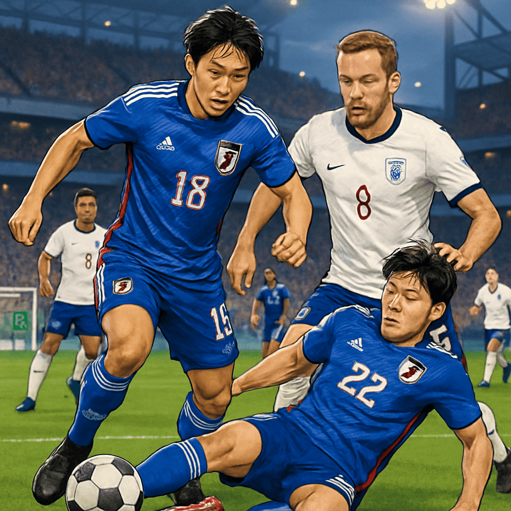 A vibrant scene depicting a soccer match between Japan and England. The Japanese players are in their traditional blue kits, while the English team wears their white jerseys. The stadium is buzzing wi