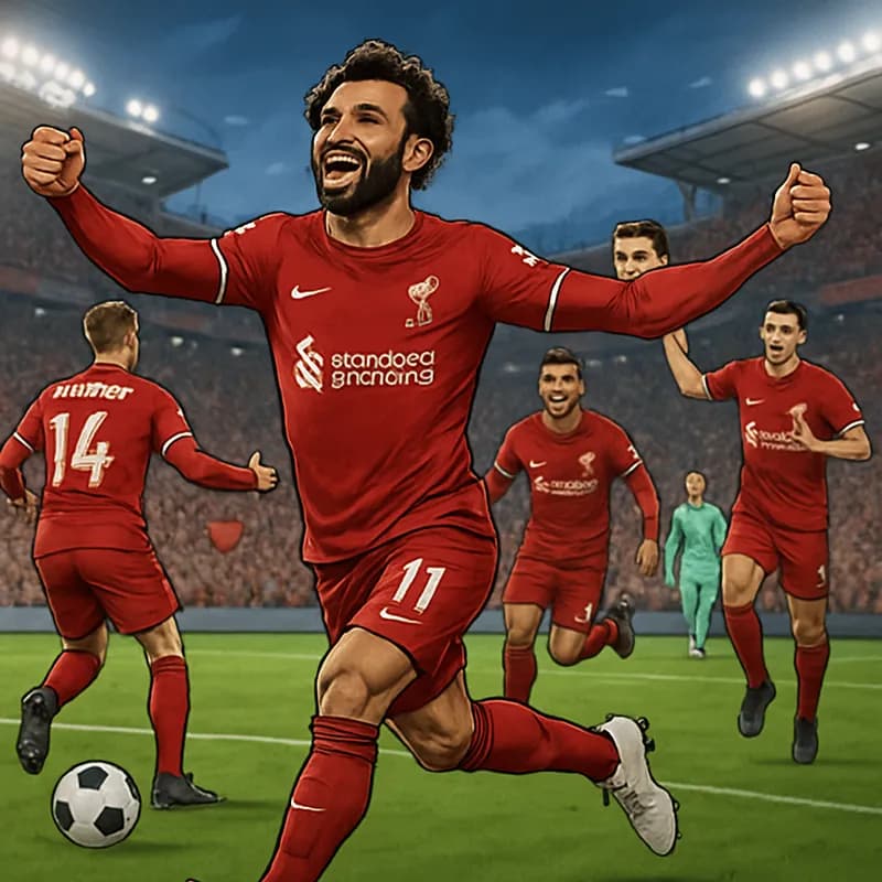 A vibrant scene at a packed stadium, with Liverpool's players in their red home kits celebrating a goal. The green pitch is lively, and fans are cheering, waving flags, capturing the excitement of a m