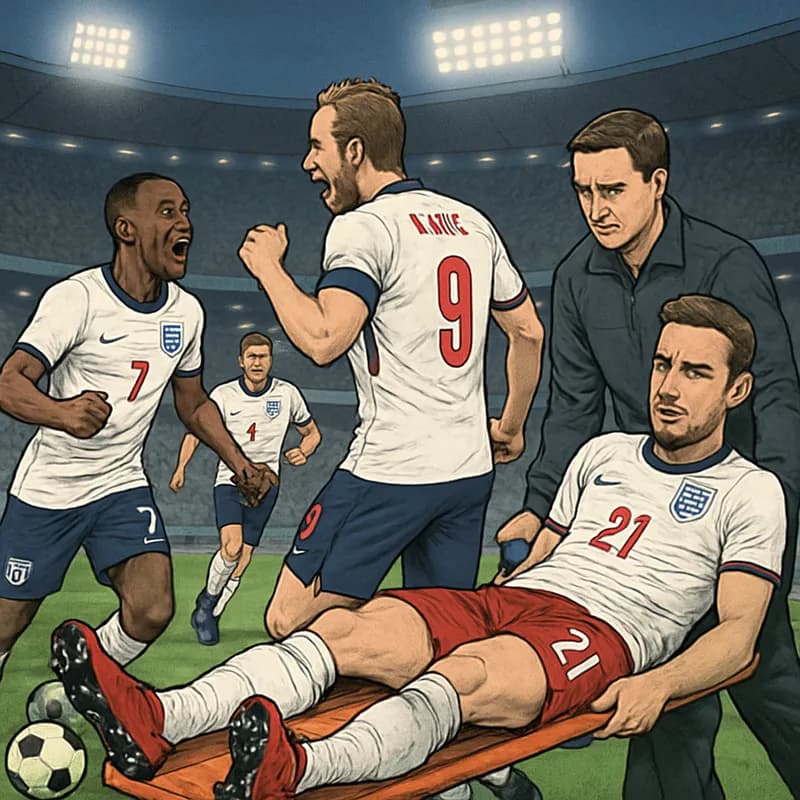 A tense moment at the Azteca Stadium with England players in their white and red kits celebrating a goal, while Jordan Henderson is being helped off the pitch in a stretcher, surrounded by concerned t