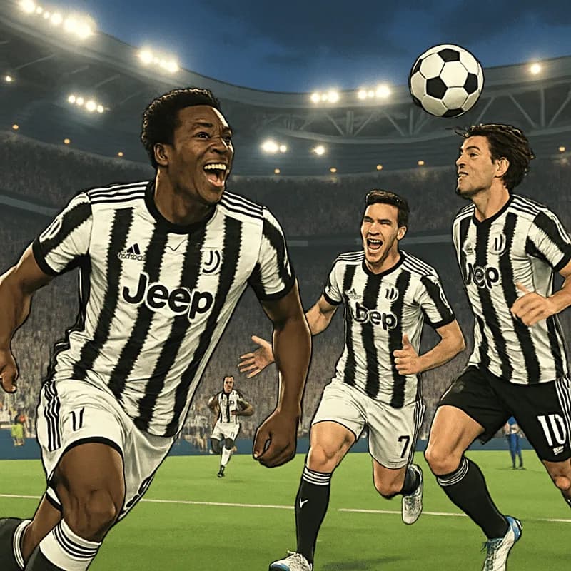 A vibrant scene at Allianz Stadium, with Juventus fans in black and white jerseys celebrating a goal. The pitch is lush green, and players are in action, showcasing the intensity of a summer transfer