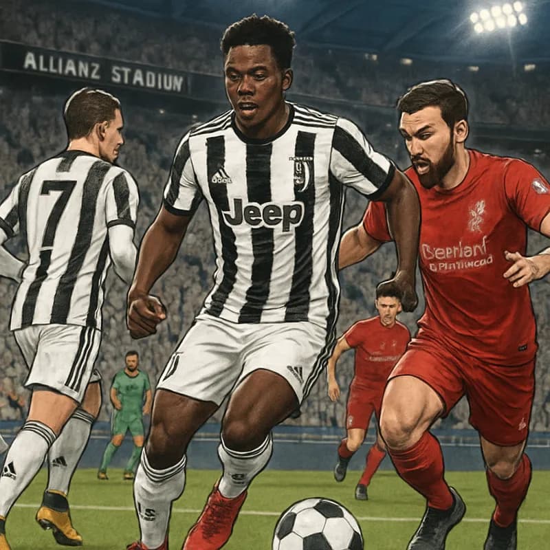 A vibrant scene at Juventus' Allianz Stadium, with fans in black and white jerseys cheering. The green pitch is ready for action, and a soccer ball is placed near the center circle, highlighting the e