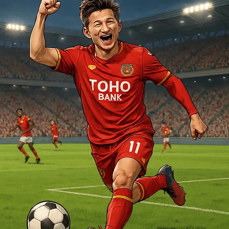 A jubilant Kazuyoshi Miura in a Fukushima United jersey, celebrating his goal on a vibrant green pitch. The stadium is filled with cheering fans, creating a lively atmosphere. The team colors are prom