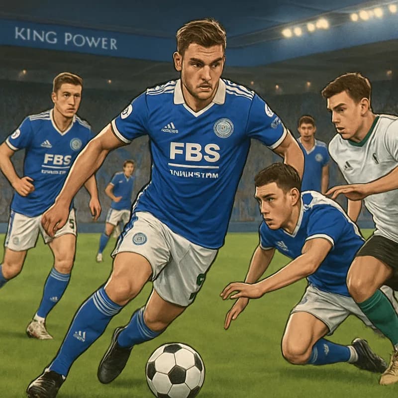A football scene at the King Power Stadium, Leicester City players in their blue and white kits training under new manager Russell Martin, with young academy players in the background. The stadium is
