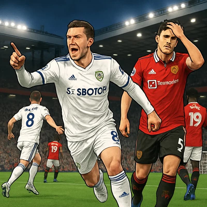 A vibrant scene at Old Trafford during the Leeds United vs Manchester United match. The Leeds players, in their traditional white kits, celebrate after scoring, while the Manchester United players, in