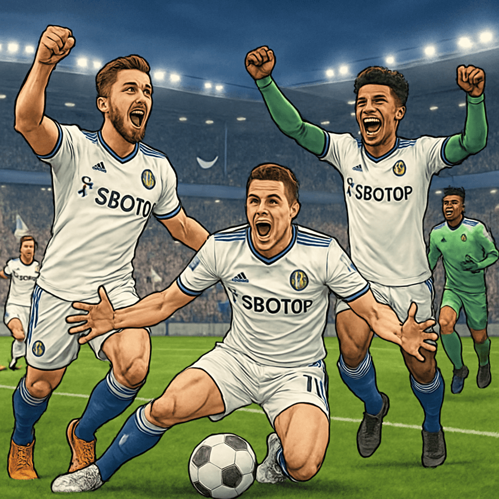 A lively scene at a packed stadium with Leeds United players in their white and blue kits celebrating after a penalty shootout victory. The green pitch is vibrant, and fans are cheering enthusiastical