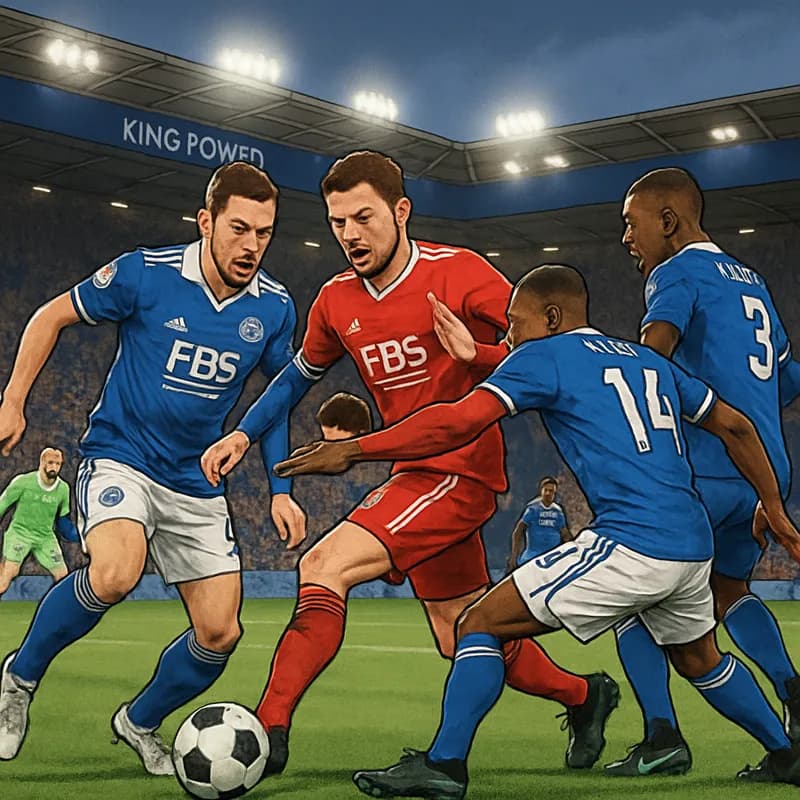 A tense scene at the King Power Stadium during a Leicester City match, with players in their traditional blue kits battling for possession. The crowd is on edge, showcasing a mix of hope and frustrati