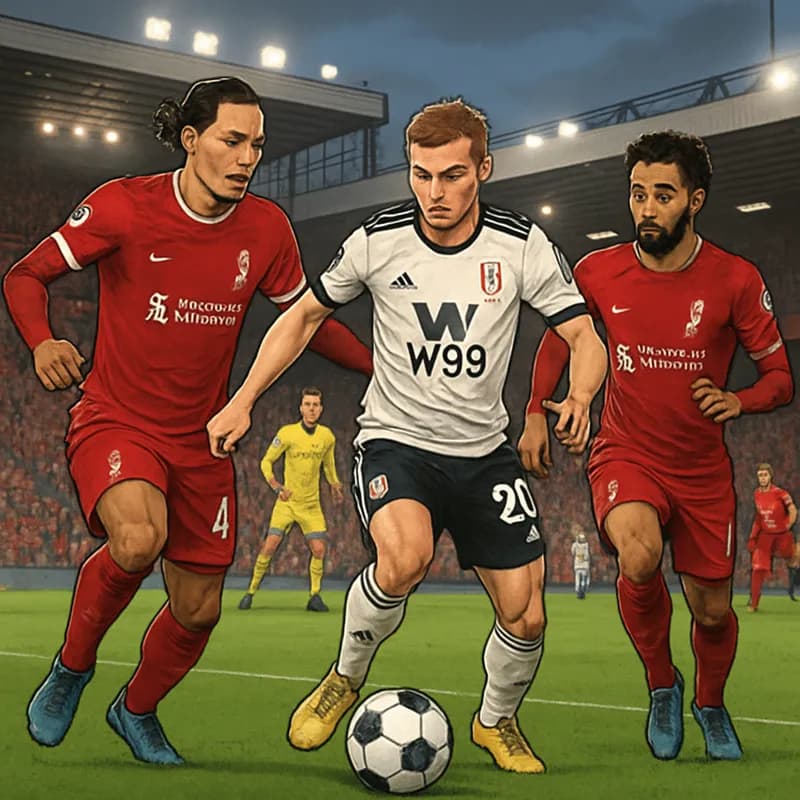 A vibrant scene at Anfield during Liverpool's match against Fulham, showcasing fans in red jerseys cheering passionately. The green pitch is in pristine condition, with players in red and white kits a