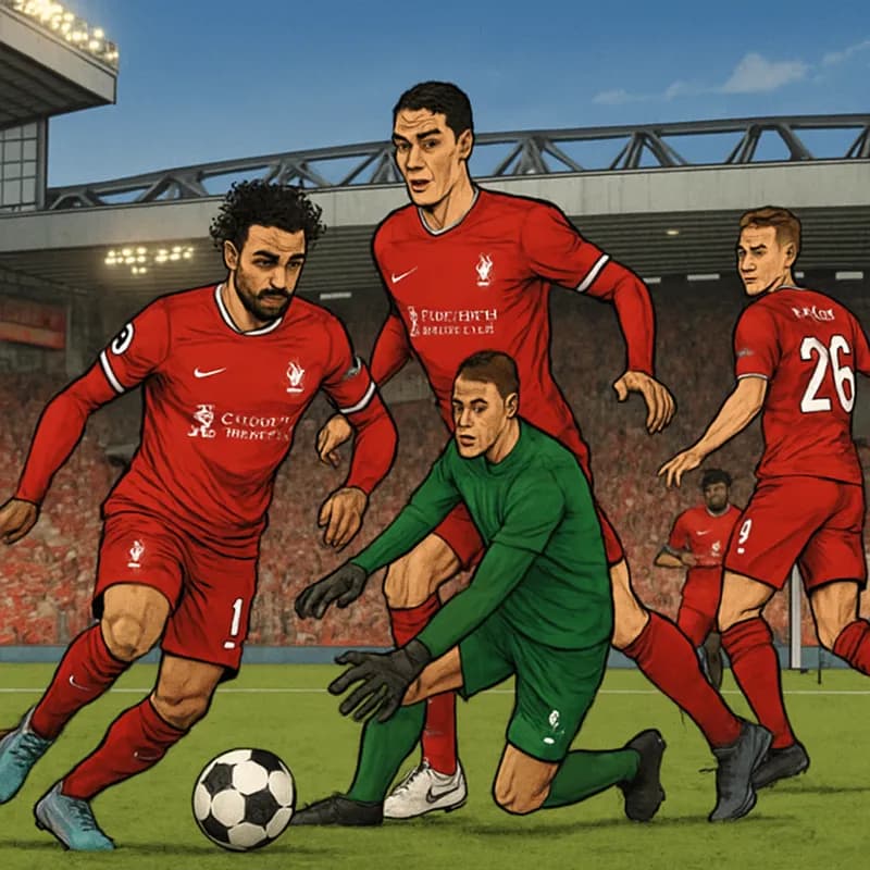 A vibrant scene at Anfield during a match, with Liverpool players in their iconic red kits attacking towards the goal. The crowd is electric, waving scarves and creating a sea of red in the stands, wi