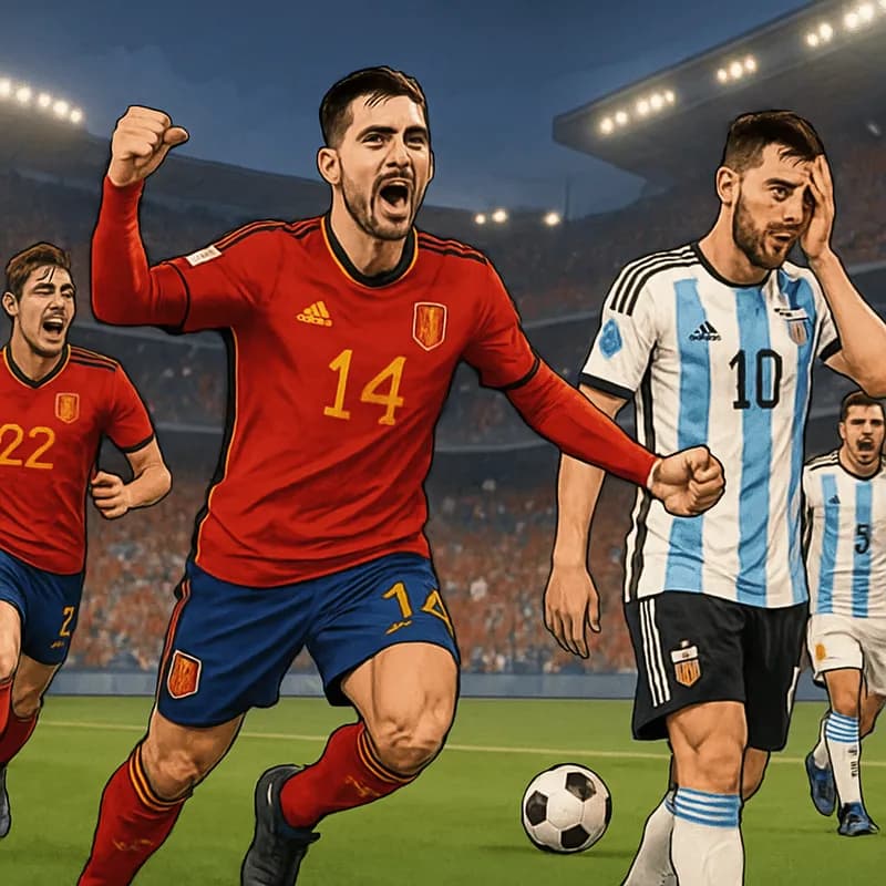 A tense moment on the pitch at New York New Jersey Stadium during the World Cup final. Spain's players in their traditional red jerseys celebrate, while Argentina's players in light blue and white kit
