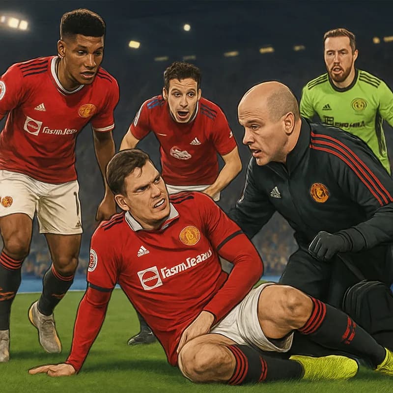 A tense moment in a soccer match featuring a Manchester United player in a red jersey, struggling on the pitch after an injury, with teammates and medical staff rushing to his aid, capturing the inten