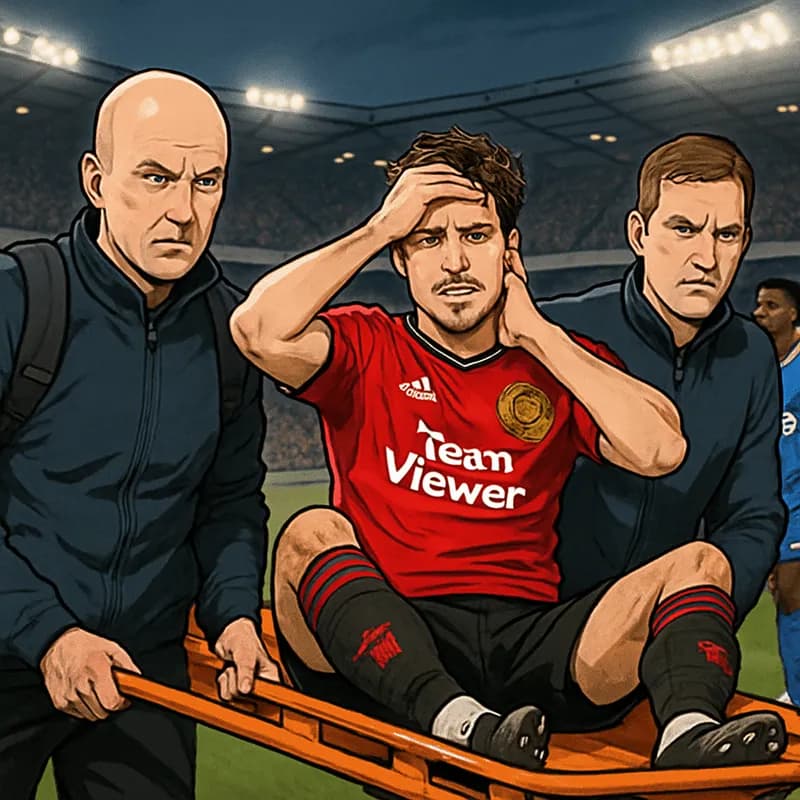 A tense moment in a packed stadium as Manuel Ugarte, wearing Manchester United's red jersey with black accents, is being carried off on a stretcher. The crowd looks on with concern as the green pitch