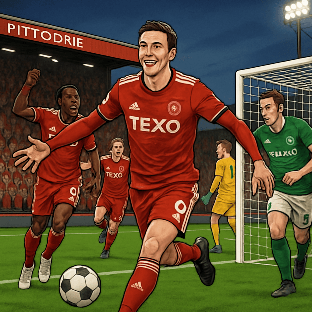 A lively scene at Pittodrie Stadium during the Aberdeen vs Hibernian match, with fans in red and white jerseys celebrating a goal. The green pitch is vibrant, and the atmosphere is electric as players