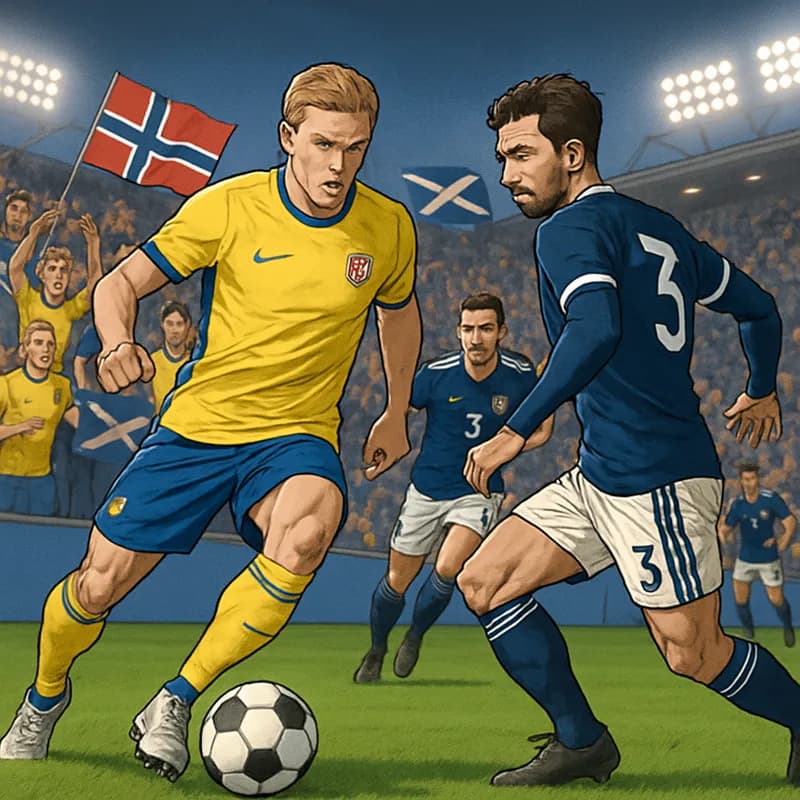 A vibrant stadium scene showcasing fans wearing their national team jerseys, including Norway's blue and yellow kits and Scotland's dark blue, celebrating and cheering. The atmosphere is electric, wit