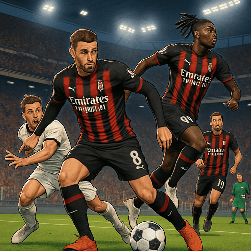 A vibrant scene at San Siro during a match, with AC Milan players in their iconic red and black jerseys, under the stadium lights. Fans are cheering passionately, creating an electric atmosphere as th