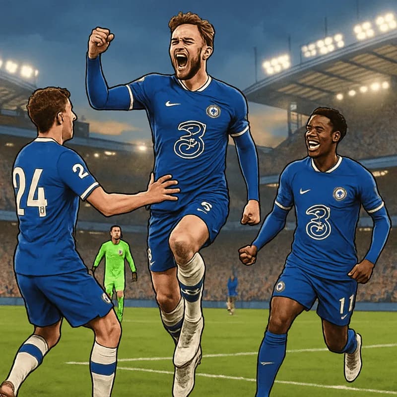 A vibrant scene at Stamford Bridge during a match day, with Chelsea players in their blue home kits celebrating a goal. The stands are filled with passionate fans, creating an electric atmosphere, and