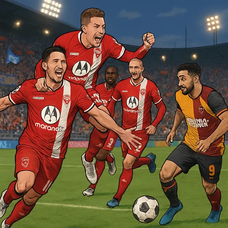 A vibrant scene at a neutral stadium in Linz, with Monza players in their red and white kits celebrating after scoring a goal against Galatasaray. The crowd is lively, with fans waving flags, and the