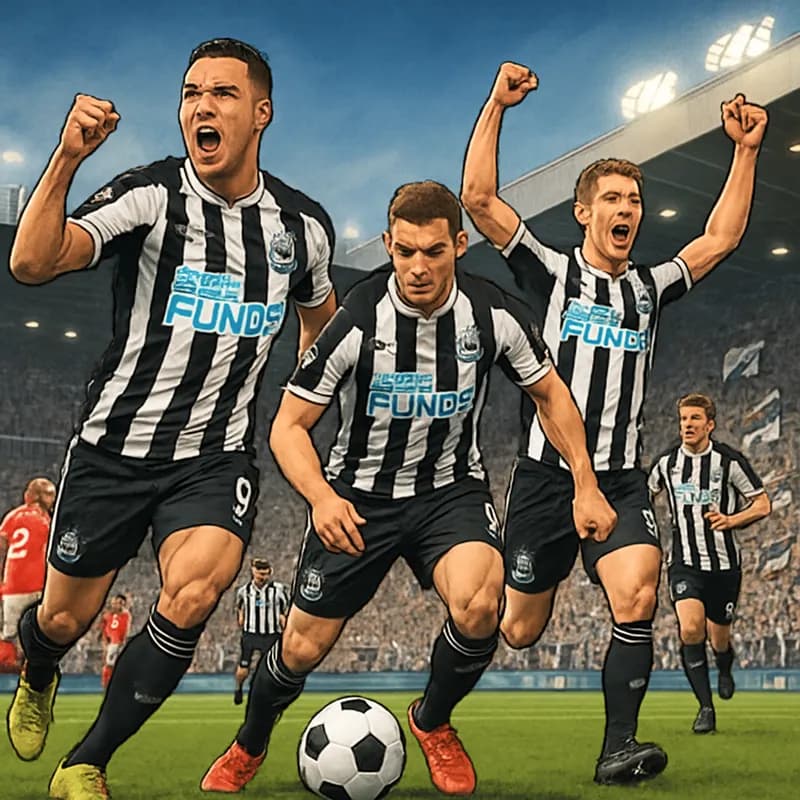 A bustling St. James' Park filled with Newcastle fans in black and white jerseys, celebrating a goal. The pitch is vibrant green, with players in action, and the atmosphere is electric as supporters w