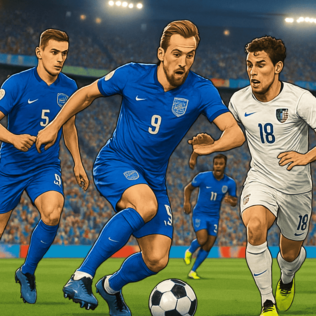 A vibrant scene at a World Cup stadium, showcasing fans in England's blue and white kit with the Nike logo prominently displayed. The atmosphere is electric, filled with green pitch and colorful banne