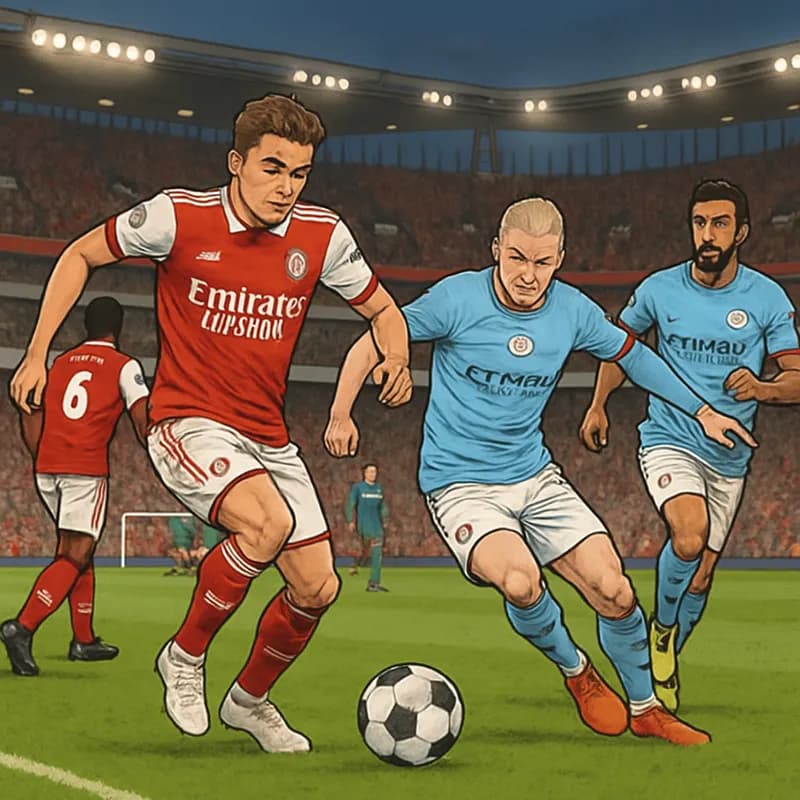 A vibrant scene at a packed football stadium, with fans wearing their team's colors, such as red and white for Arsenal or blue and white for Manchester City. The atmosphere is electric as players warm