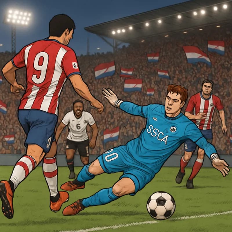 A tense moment during the World Cup match, with Orlando Gill in a bright blue San Lorenzo goalkeeper kit, diving to save a penalty in front of a packed stadium, filled with fans waving Paraguayan flag