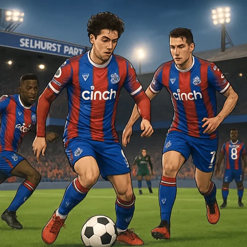 A vibrant scene at Selhurst Park, featuring Crystal Palace players in their red and blue striped jerseys, engaging in a tactical training session. The atmosphere is electric, with fans eagerly watchin