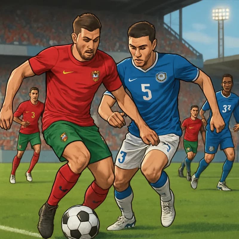 A vibrant stadium scene showcasing a match between Portugal and Uzbekistan. The crowd is electric with fans wearing Portugal's red and green kits, while Uzbekistan players don their blue and white out