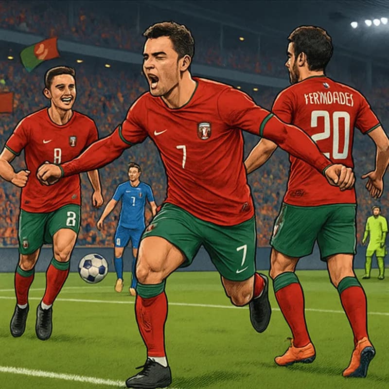 A vibrant scene in a packed stadium during the Portugal vs Uzbekistan match, featuring Portugal's players in their red and green kits celebrating a goal, with fans waving flags and cheering loudly in
