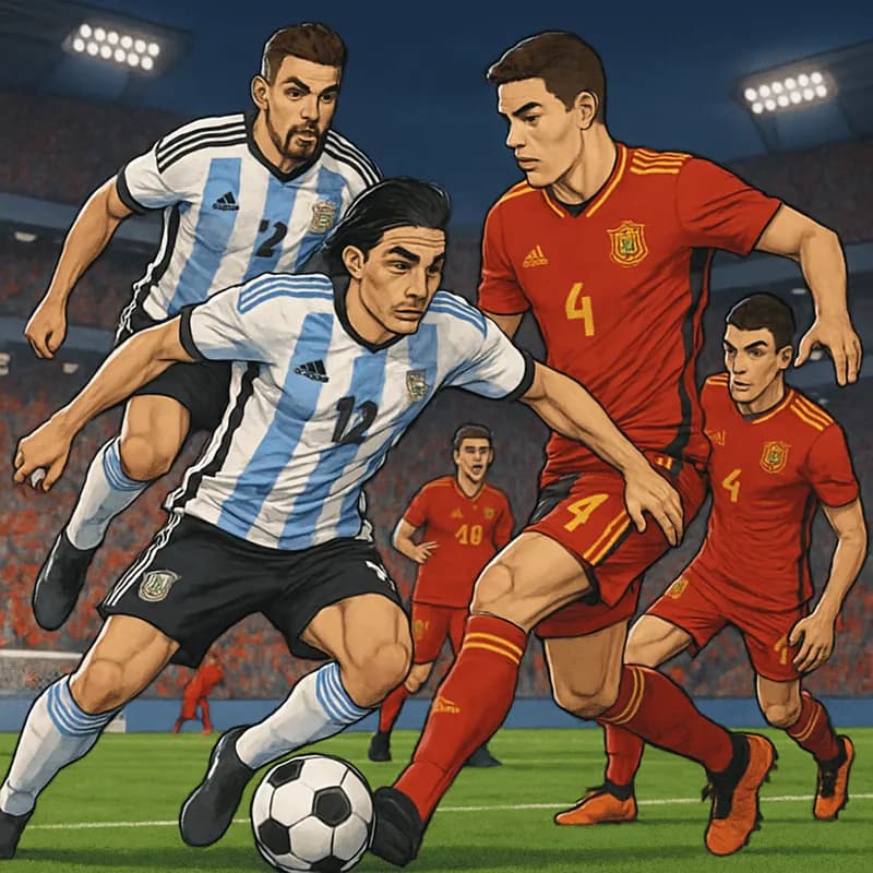 A tense scene at New York New Jersey Stadium during the World Cup final, showcasing Argentine players in their light blue and white striped jerseys clashing with Spanish players in red and yellow kits
