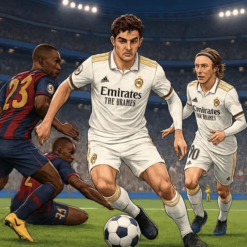 A vibrant scene at the Santiago Bernabéu Stadium, showcasing Real Madrid players in their iconic white kits with a packed crowd. The atmosphere is electric as fans wave flags, and the green pitch is r