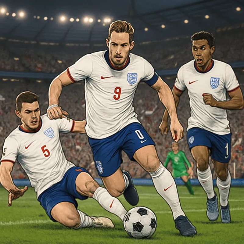 A tense moment in a World Cup match, featuring England players wearing their traditional white jerseys with red accents, showcasing a vibrant stadium atmosphere with fans cheering and waving flags, wh