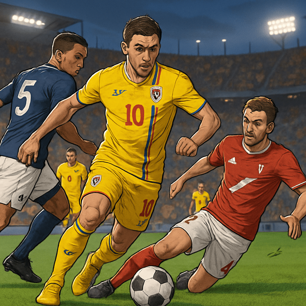 A vibrant stadium scene featuring Romanian fans in national colors, celebrating Mircea Lucescu's legacy. The pitch is lush green, with a football in play, capturing the essence of football culture in