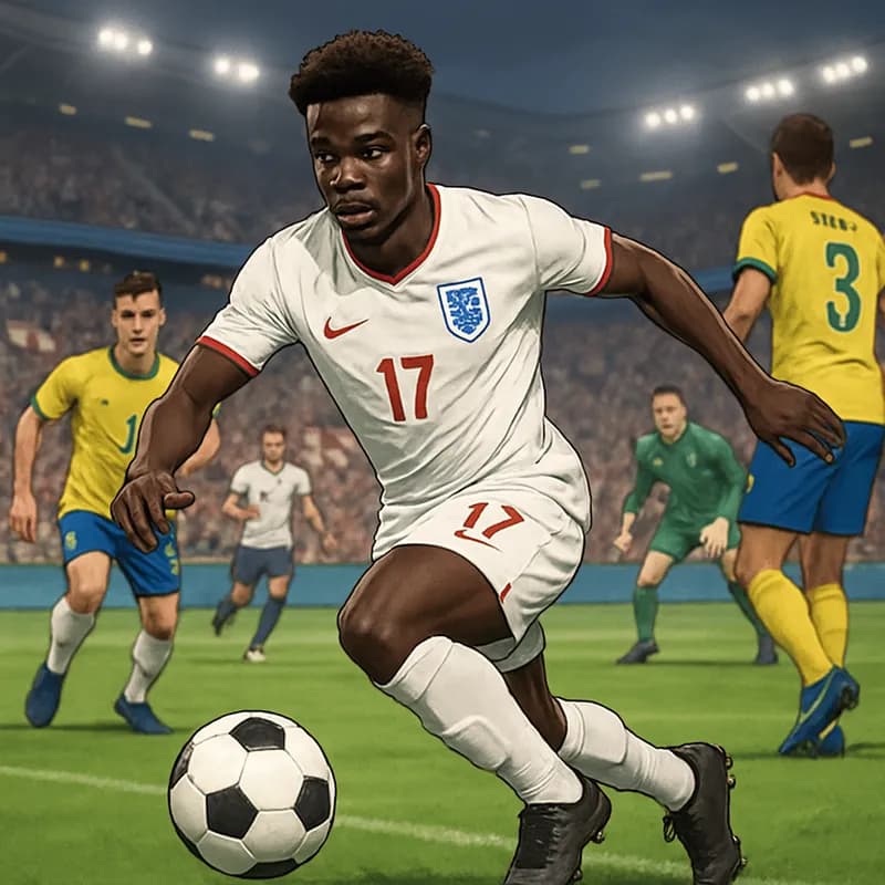 A vibrant scene depicting Bukayo Saka in an England jersey (white with red accents) during a training session, showcasing a packed stadium in the background, with fans cheering and waving flags, captu