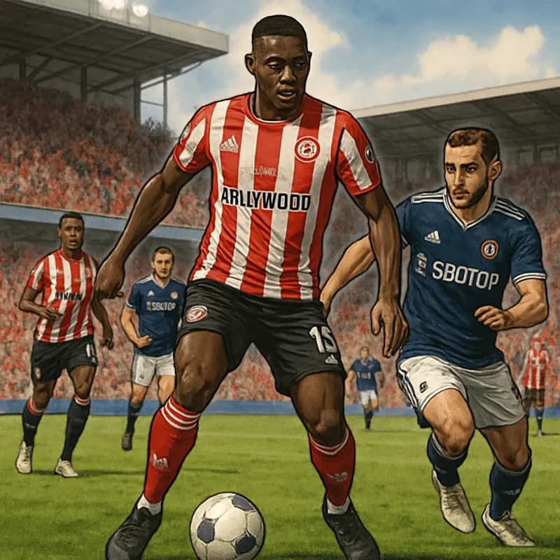 A dynamic football scene at Brentford Community Stadium on a sunny afternoon. Mamadou Sangare, a tall Black midfielder with short hair, wearing Brentford's red and white striped jersey, controls the b