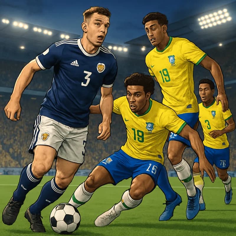 A tense moment during the Scotland vs Brazil match, with players in Scotland's dark blue kits and Brazil's bright yellow jerseys clashing on a vibrant green pitch. The stadium is filled with passionat