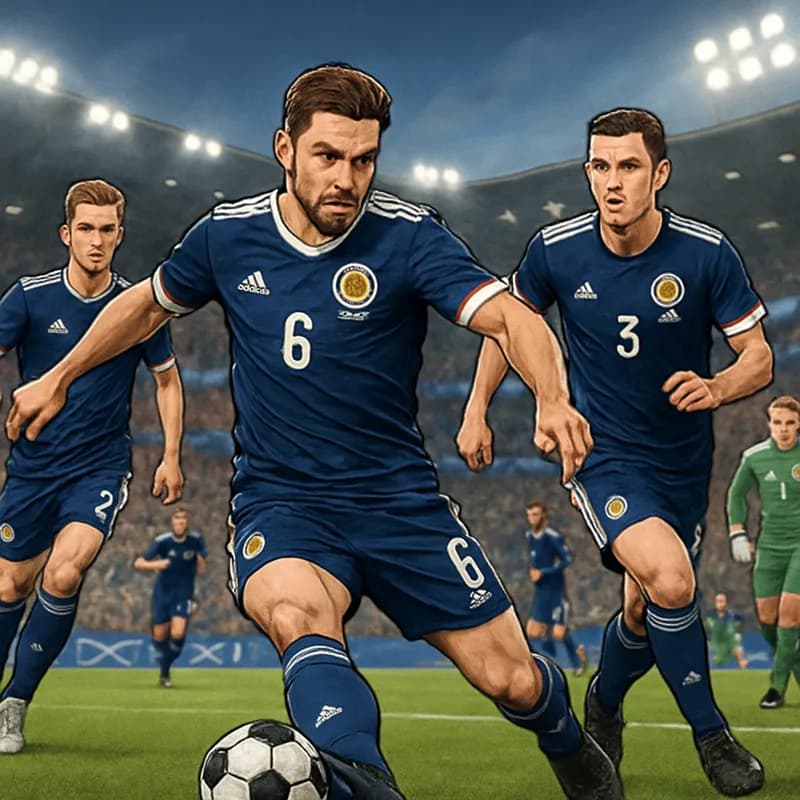 A vibrant scene showcasing the Scottish national team in their iconic dark blue kits, training on a lush green pitch with the stadium in the background filled with enthusiastic fans waving flags.