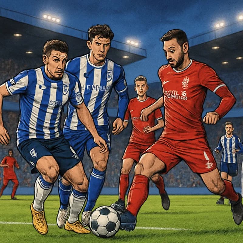 A vibrant scene at Hillsborough Stadium during a match, with Sheffield Wednesday players in their blue and white striped kits battling for possession against a rival team. The atmosphere is electric,