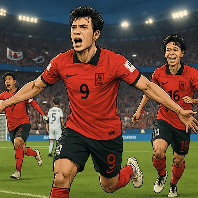 A vibrant scene from Guadalajara Stadium during the World Cup, showcasing South Korea in their red and black kits celebrating a goal, with fans waving flags in a packed stadium atmosphere.