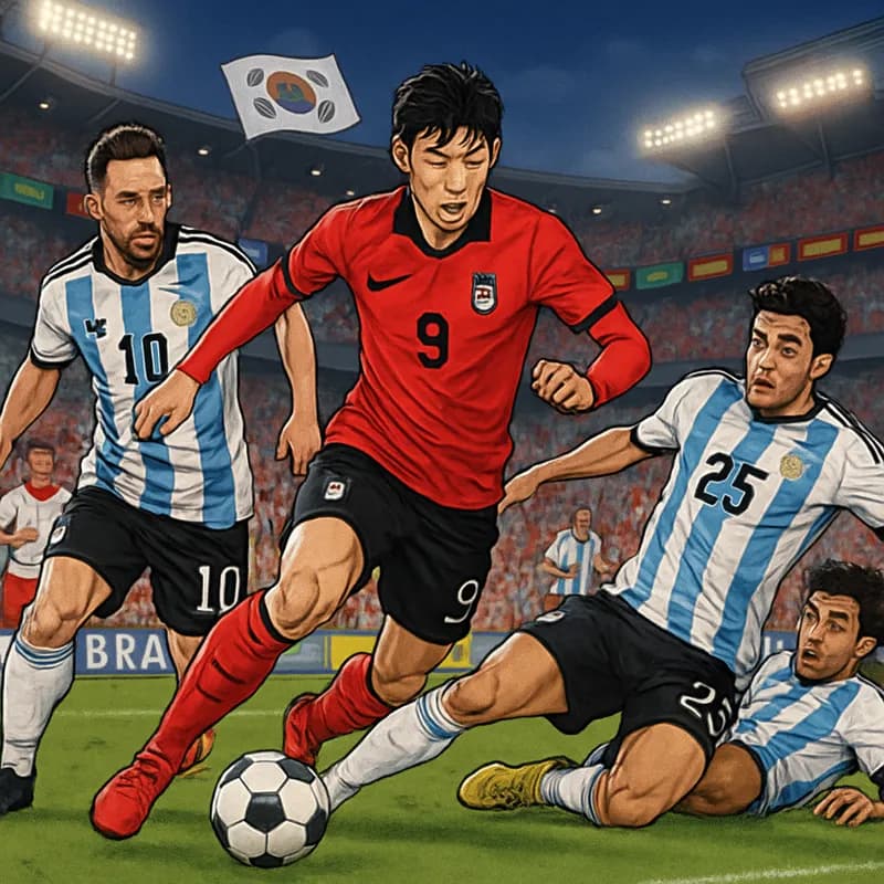 A vibrant stadium scene during the World Cup, showcasing South Korean fans in red and white jerseys, waving flags and cheering. The atmosphere is electric, with colorful banners representing each nati