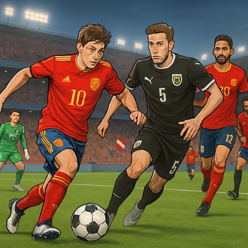 A vibrant scene at the Los Angeles stadium during the Spain vs. Austria World Cup match, featuring Spain in their red and yellow jerseys and Austria in their black kits. The atmosphere is electric, wi