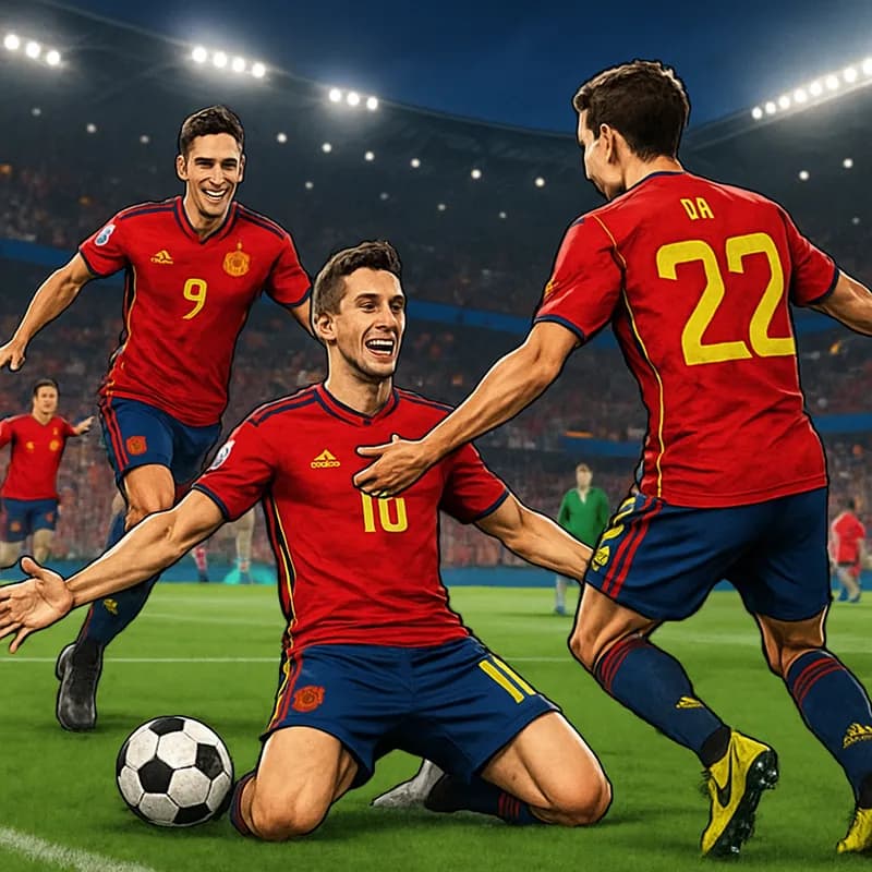 A vibrant scene from a World Cup match, featuring the Spanish national team in their red jerseys with blue accents, celebrating a goal. The stadium is filled with cheering fans, waving flags, and the