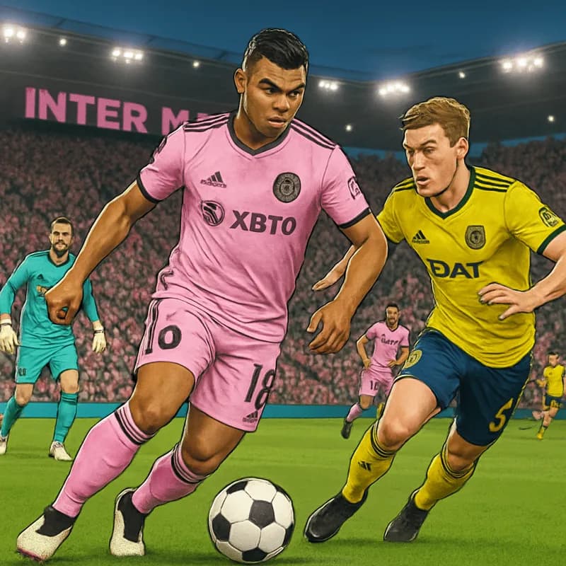 A vibrant scene at a packed Inter Miami stadium, with fans in pink and black jerseys celebrating Casemiro's arrival. The pitch is lush green, and the atmosphere is electric with excitement for the new