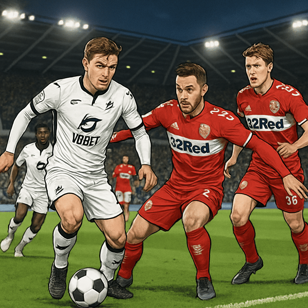 A vibrant scene at Swansea's Liberty Stadium, with fans in Swansea's white and black kits cheering passionately. The green pitch is set for a thrilling FA Cup match against Middlesbrough, whose player