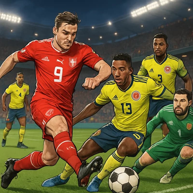 A tense moment during the penalty shootout, with players in Switzerland's red jerseys and Colombia's yellow kit. The stadium is filled with cheering fans, capturing the high stakes atmosphere of a Wor
