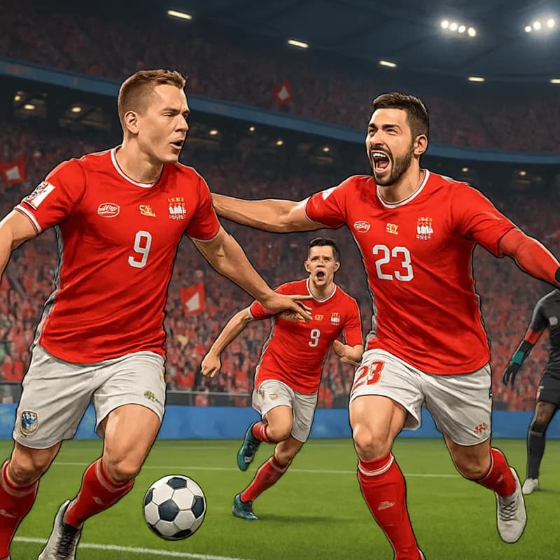 A vibrant scene at BC Place, where Switzerland in their red and white kits celebrates a goal against Algeria, surrounded by a cheering crowd. The stadium is filled with fans waving flags, with a green
