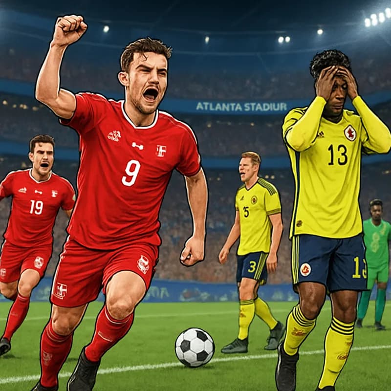 A tense penalty shootout scene at Atlanta Stadium, with Swiss players in red jerseys celebrating after scoring a penalty, while Colombian players in yellow jerseys show disappointment. The stadium is