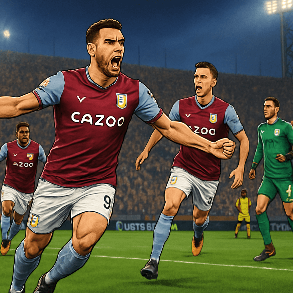 A vibrant scene from the Stadio Dall’Ara during the Europa League match, featuring Aston Villa in their claret and blue kits, celebrating a goal amidst a backdrop of passionate fans and a green pitch.