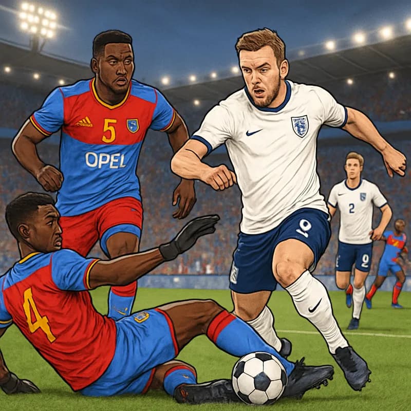 A tense World Cup match atmosphere, with players in DR Congo's red and blue kits, defending fiercely against England in white. The stadium is full, with fans waving flags and the pitch vibrant green.