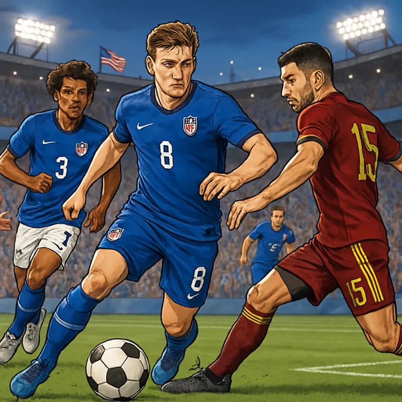 A vibrant soccer scene at a packed stadium, with the US men's national team in their blue and white kits, engaging in a high-energy warm-up. Fans wave flags and banners, creating an electric atmospher