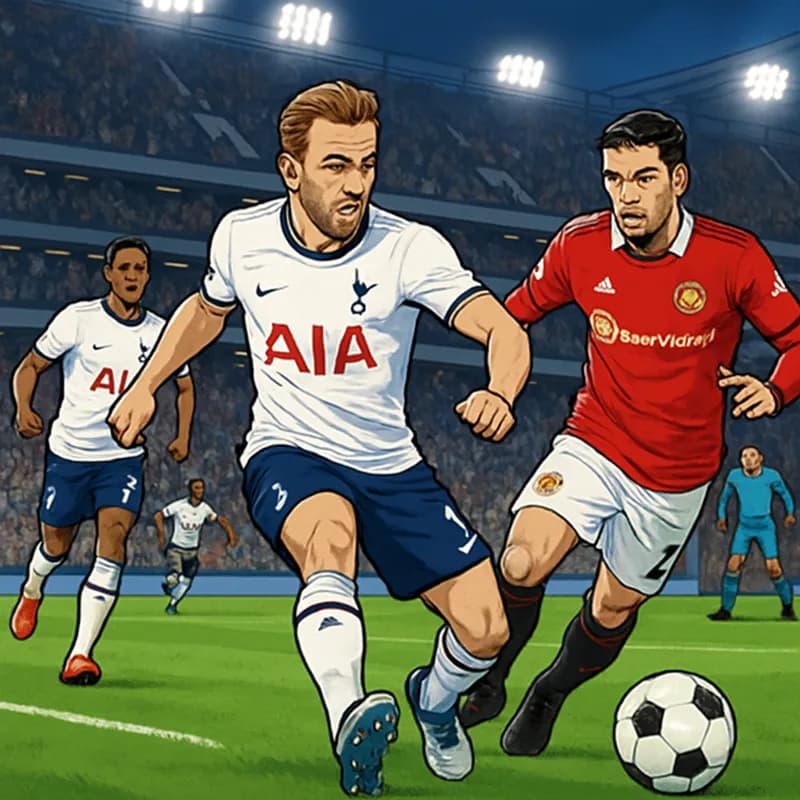 A vibrant scene at Tottenham Hotspur Stadium, with fans wearing the team's navy blue and white jerseys, celebrating a goal. The pitch is lush green, and players are seen in action, showcasing their sk